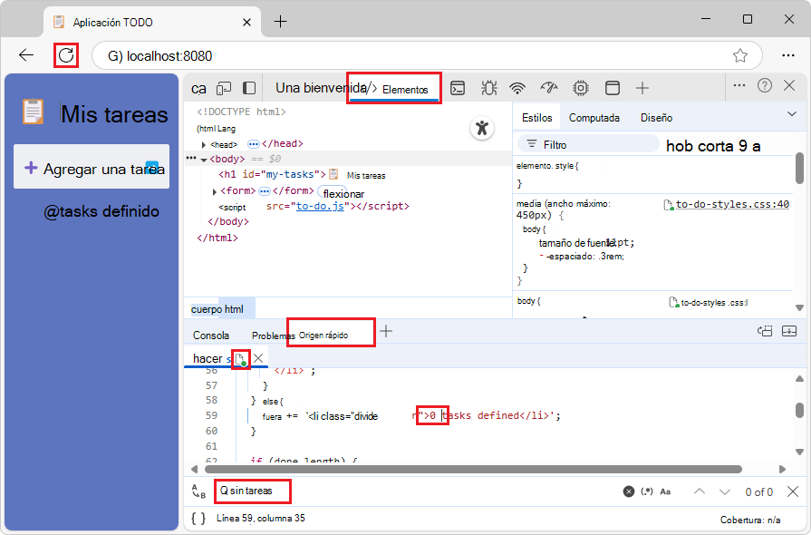 Un archivo .js editado en la herramienta de origen rápido, con la página web de demostración actualizada
