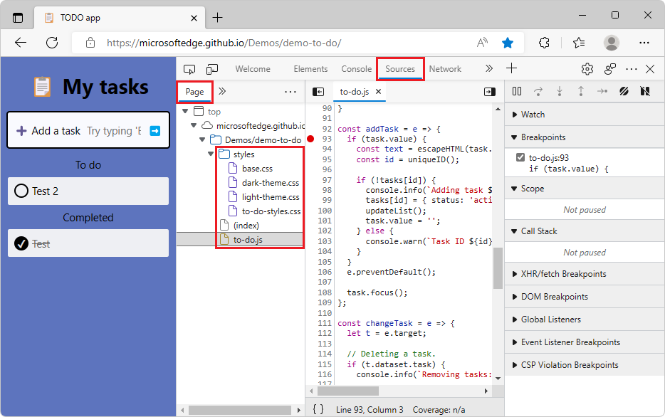 Demostración de tareas pendientes y DevTools con la herramienta Orígenes seleccionada