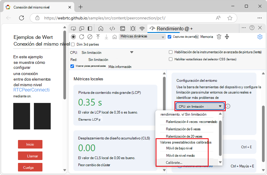 El menú desplegable Limitación de CPU antes de calibrar, en Configuración del entorno