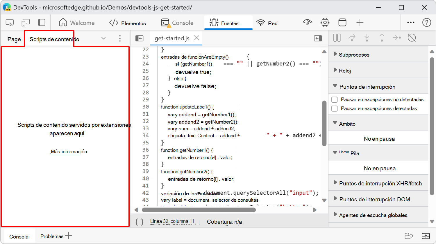 Pestaña Scripts de contenido del panel Navegador