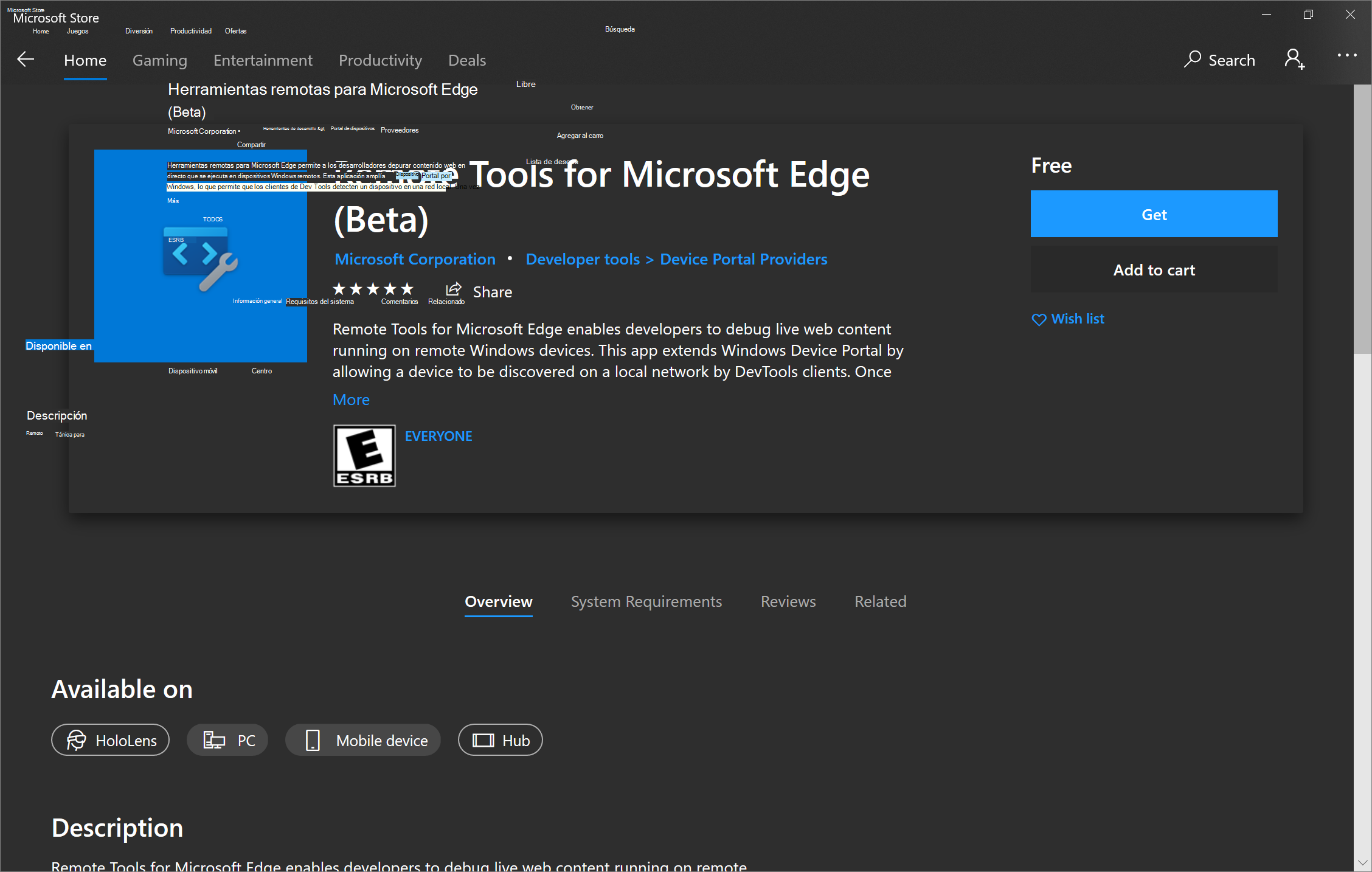 La aplicación Herramientas remotas para Microsoft Edge disponible en Microsoft Store