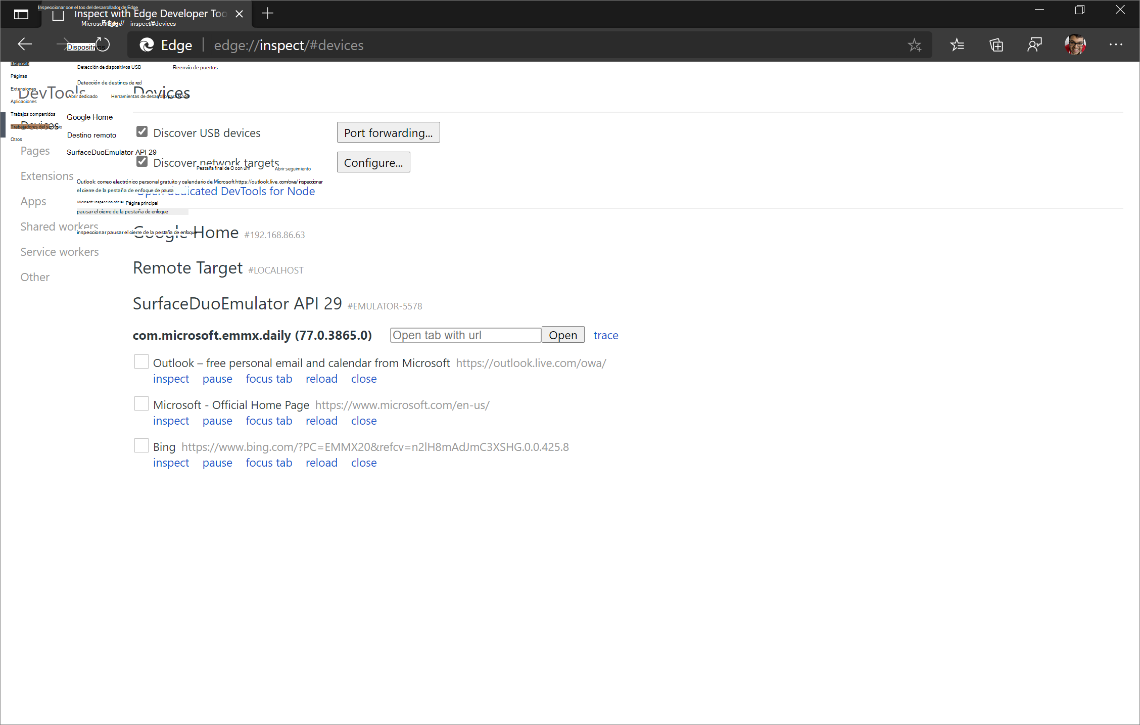 La página edge://inspect muestra una lista de las pestañas abiertas en la aplicación Microsoft Edge que se ejecuta en el emulador.