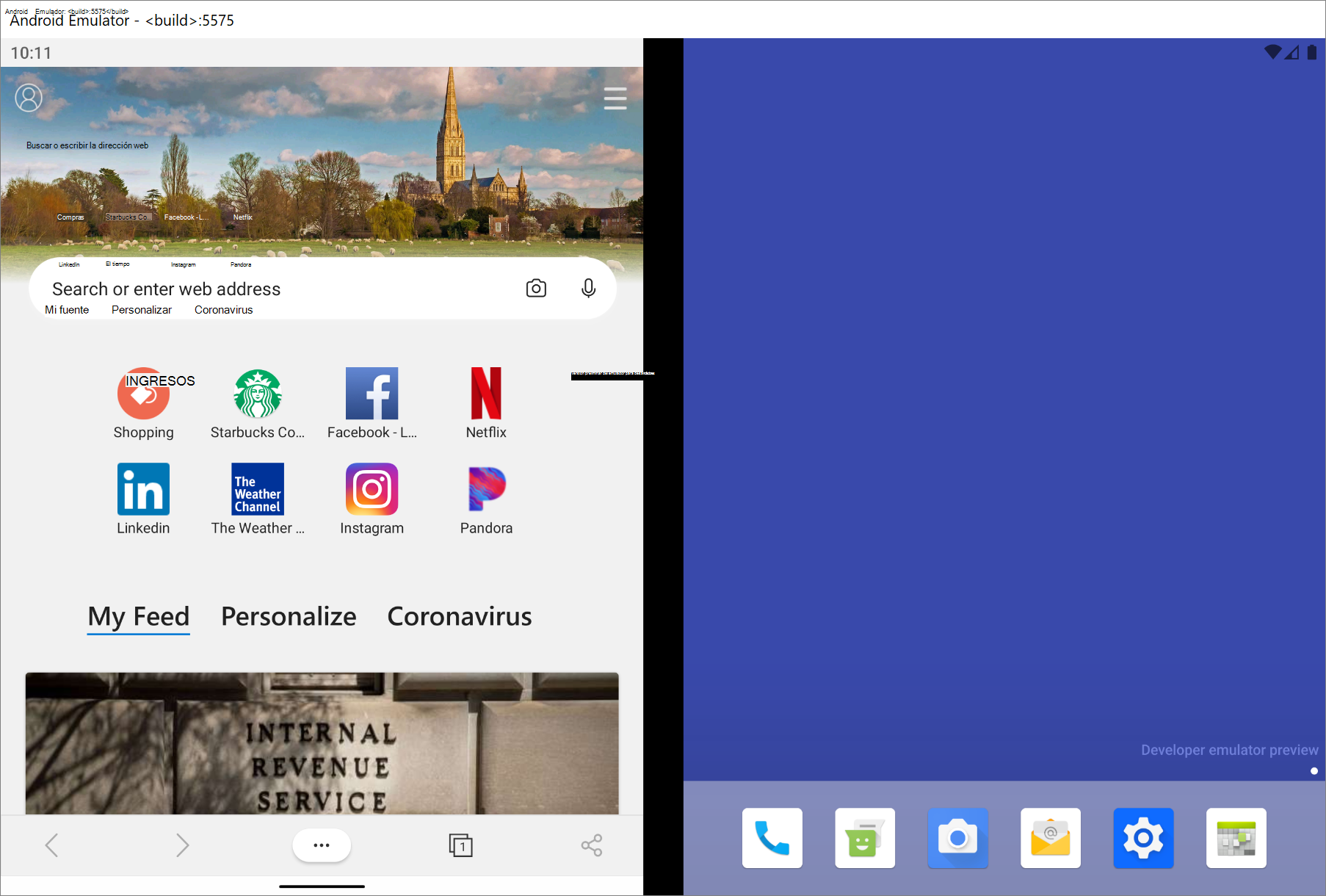 La aplicación Microsoft Edge que se ejecuta en el emulador de Surface Duo