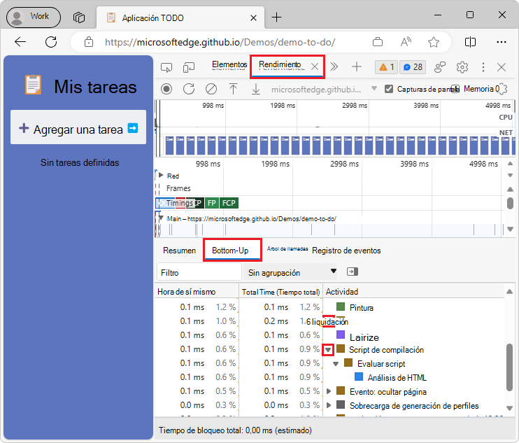 Iconos de triángulo para expandir y contraer actividades en la vista de abajo hacia arriba