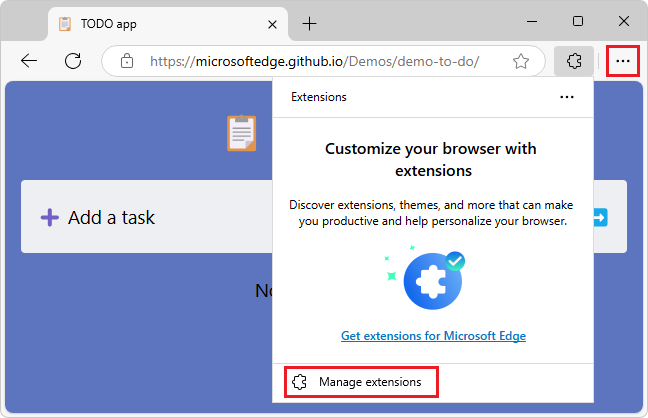 El elemento emergente Extensiones cuando no se instala ninguna extensión