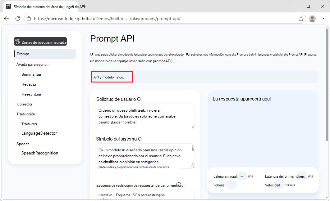 Indicador de estado que muestra la API y el modelo listos