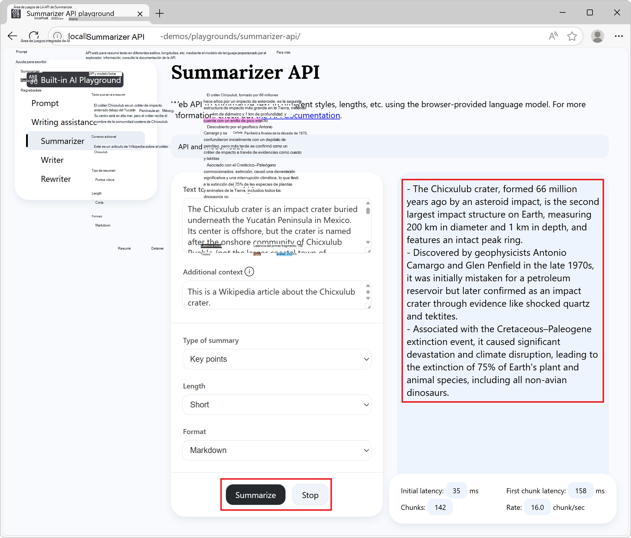 Página de demostración de Summarizer con la configuración y un botón Resumir