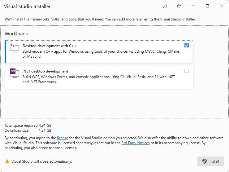 Instalador Visual Studio solicitud para instalar la carga de trabajo 