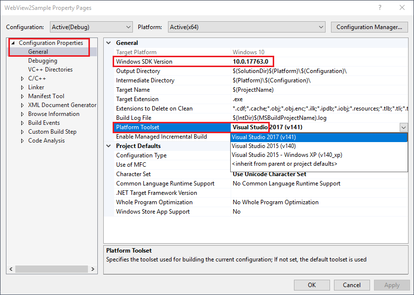 En Visual Studio 2017, establezca Windows SDK Versión en 10 y Conjunto de herramientas de plataforma en Visual Studio