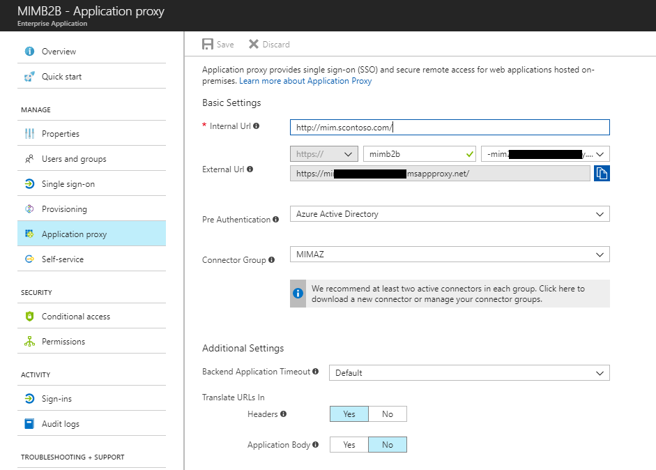 Captura de pantalla que muestra la pantalla Administración de Application Proxy de B2B de MIM.