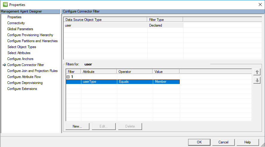 Captura de pantalla que muestra la página Configurar filtro del conector con filtros para el usuario seleccionado y un botón Aceptar.