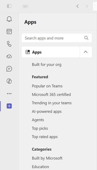 Captura de pantalla que muestra que las aplicaciones principales son las aplicaciones ancladas en Teams de forma predeterminada.