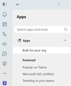 Captura de pantalla de aplicaciones personalizadas en la tienda de Teams en la aplicación de escritorio de Teams.