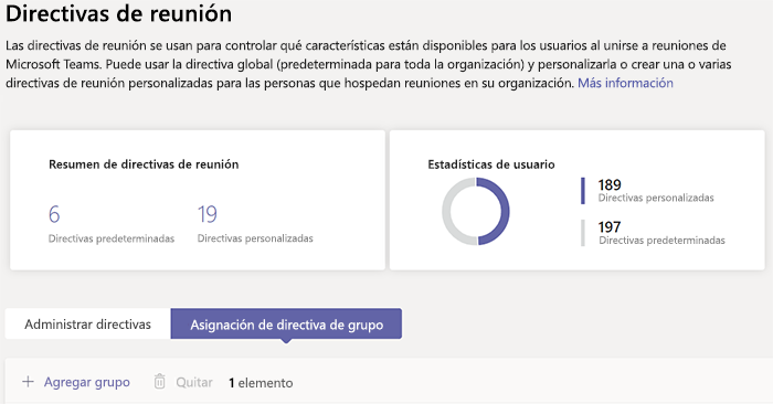 Captura de pantalla de la asignación de directivas de grupo de Teams.