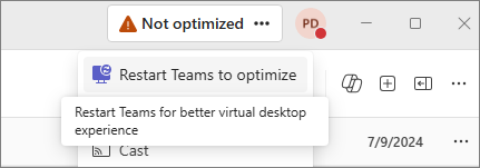 Captura de pantalla de la aplicación teams que muestra que no está optimizada.
