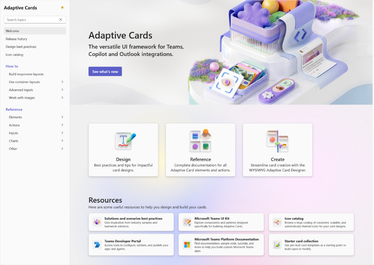 Captura de pantalla que muestra la página principal del sitio web tarjetas adaptables de Microsoft.