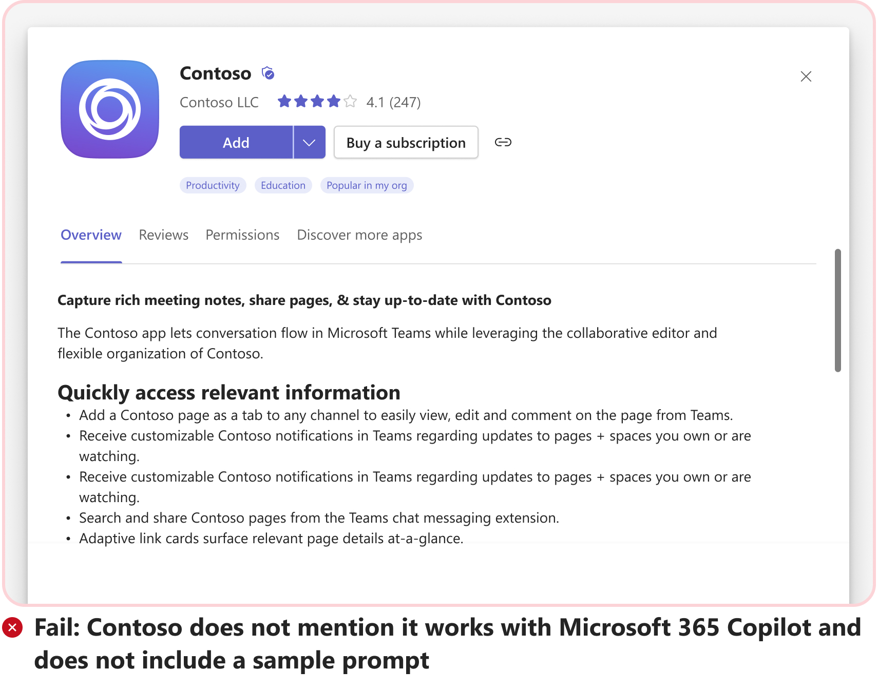 Captura de pantalla que muestra un escenario de error sin un ejemplo de solicitud de ejemplo para el uso de la extensión de mensaje como agente en Microsoft 365 Copilot.