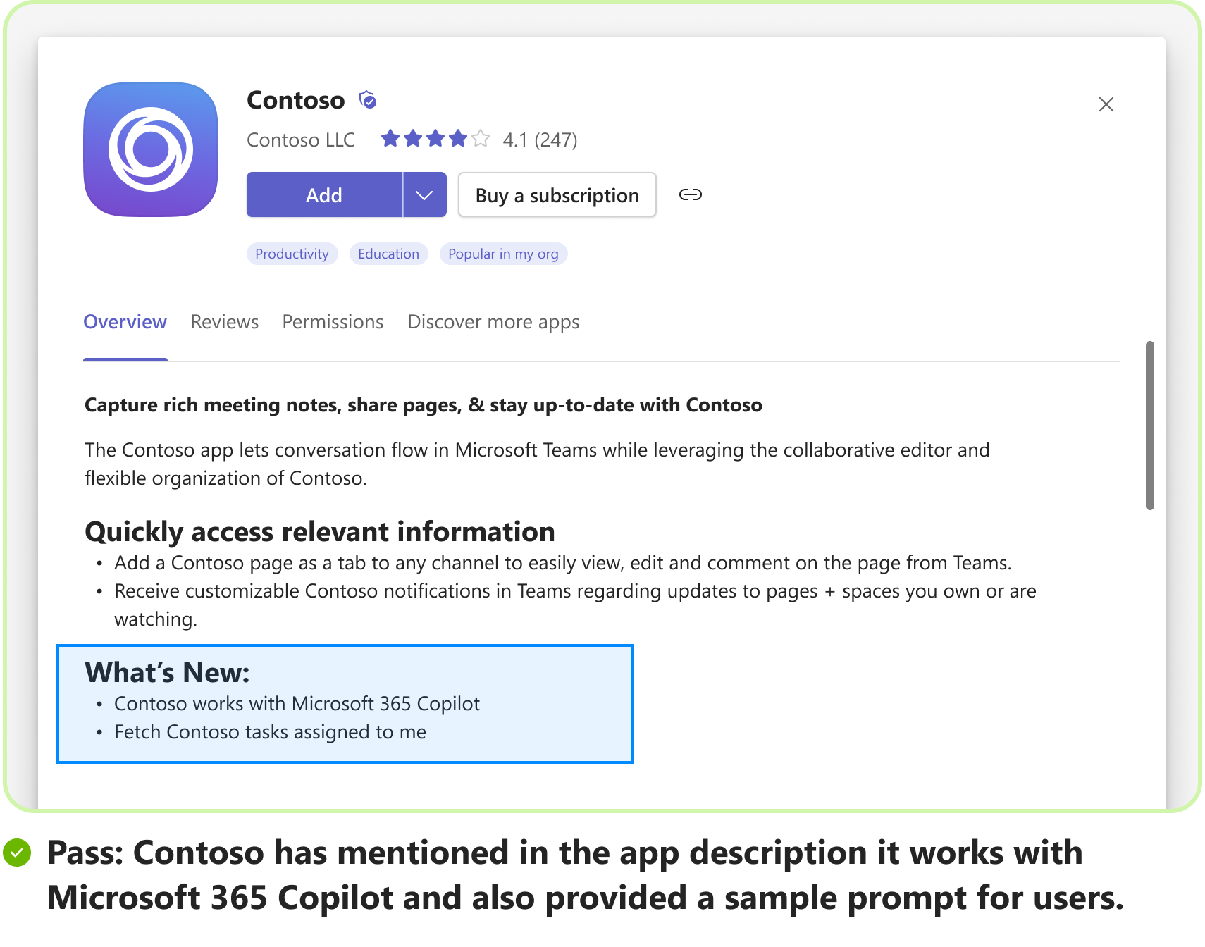 Captura de pantalla que muestra un escenario de paso con un ejemplo de solicitud de ejemplo para el uso de la extensión de mensaje como agente en Microsoft 365 Copilot.