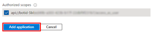 Captura de pantalla que muestra la opción para seleccionar ámbitos autorizados y agregar aplicación.