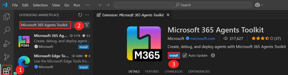Captura de pantalla que muestra la instalación de la extensión Agents Toolkit.