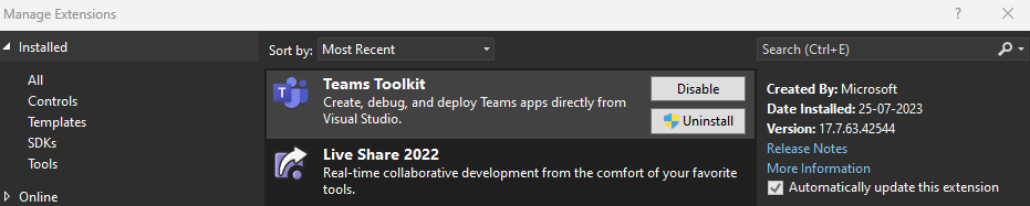 Captura de pantalla que muestra la selección de Agents Toolkit.