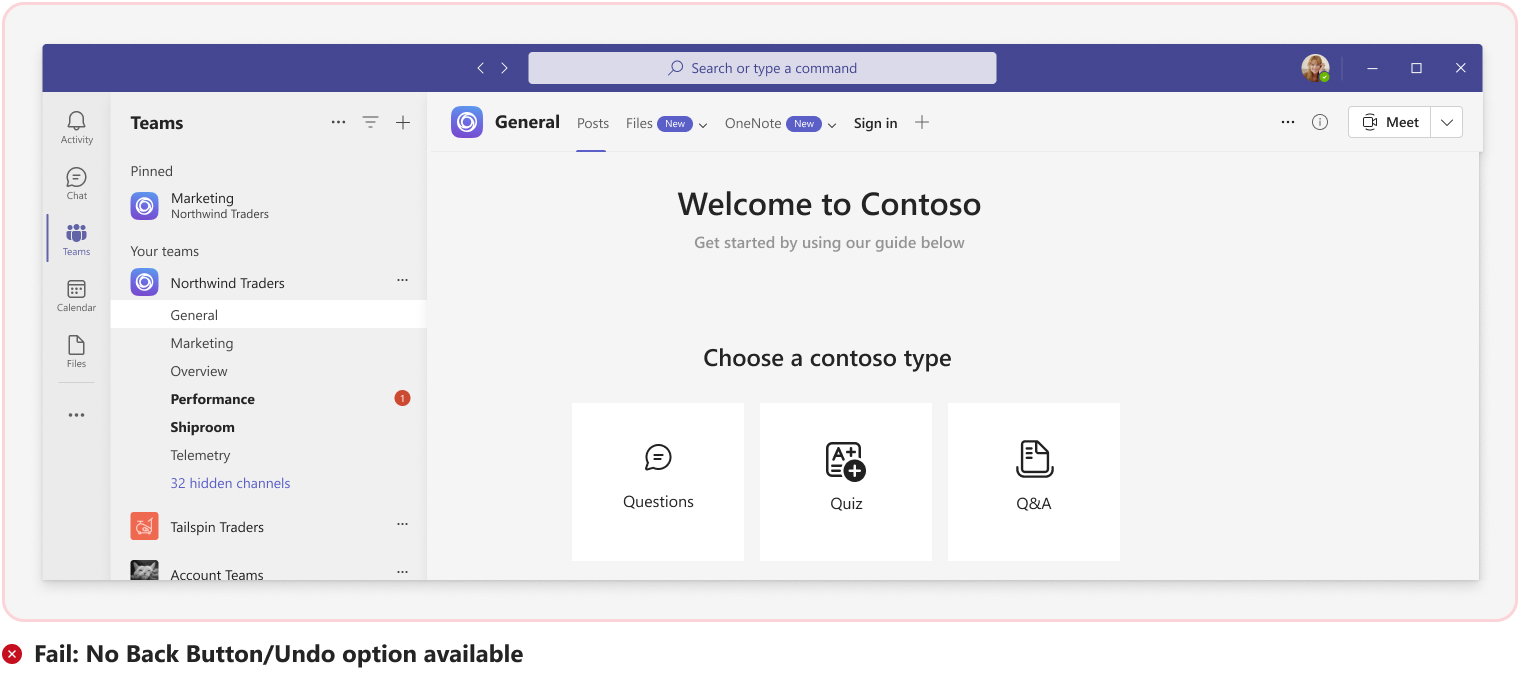 Captura de pantalla que muestra el escenario con errores de ninguna opción de botón Atrás disponible.