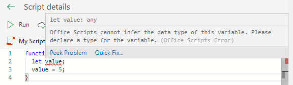 Mensaje de error en el texto del puntero del editor de código con un botón 