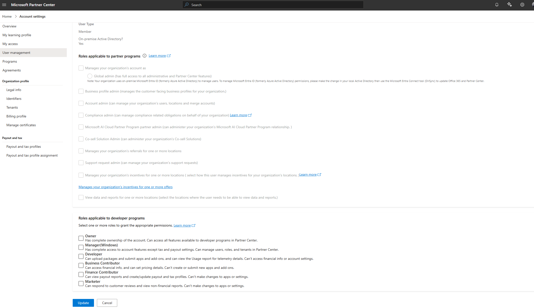 Screenshot que muestra la página de asignación de roles para Marketplace, Microsoft 365 y programas para desarrolladores de Copilot.