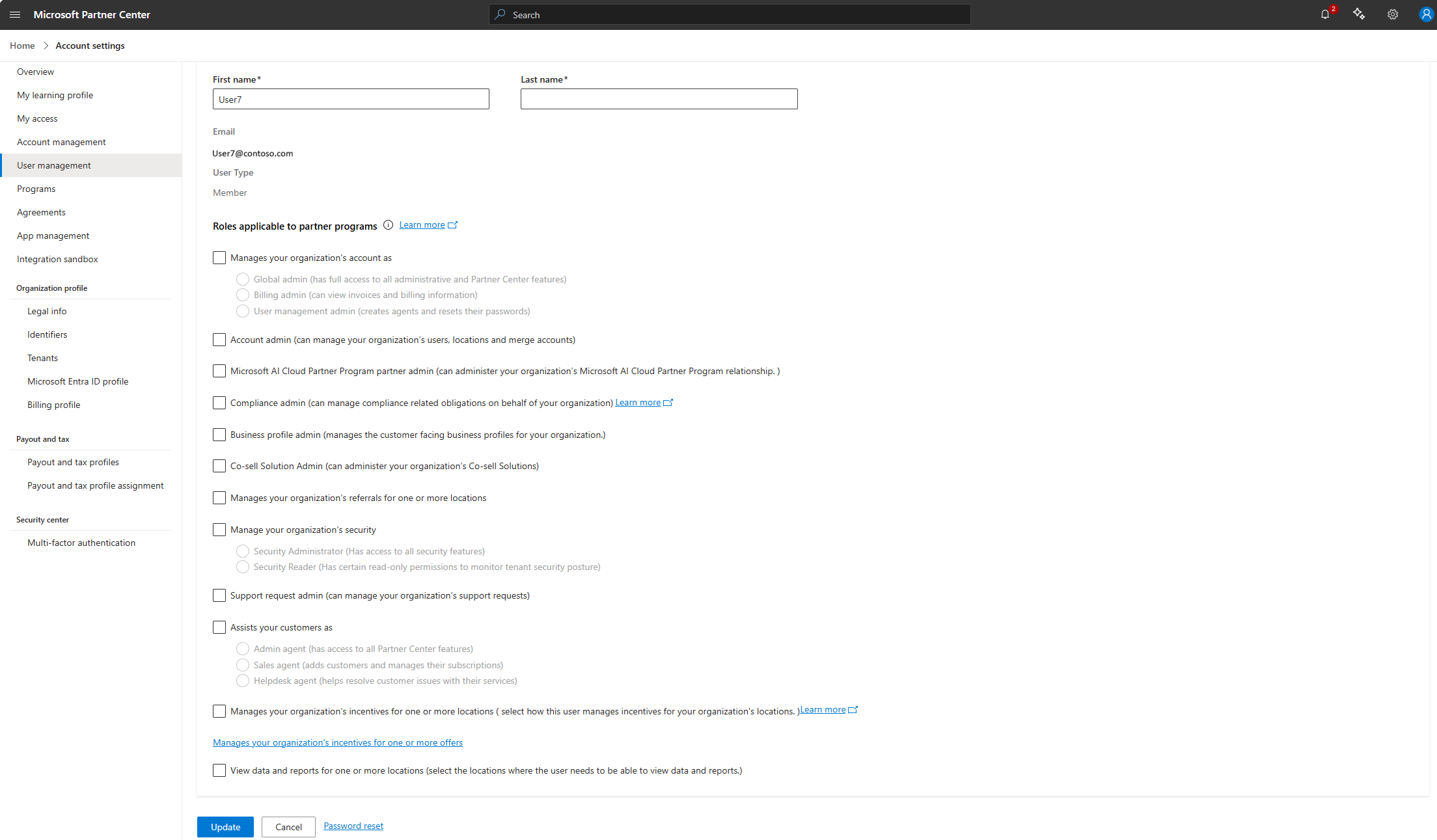 Captura de pantalla que muestra la página de asignación de roles para programas comerciales.