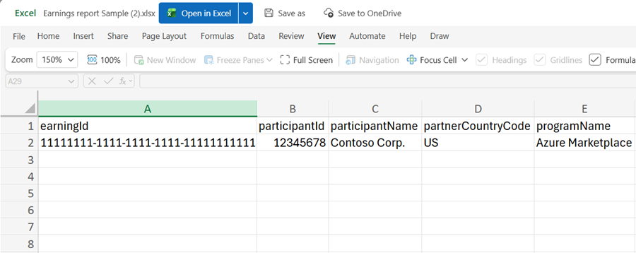 Captura de pantalla que muestra las columnas de la A a la E de un informe de ejemplo de ganancias de Excel.