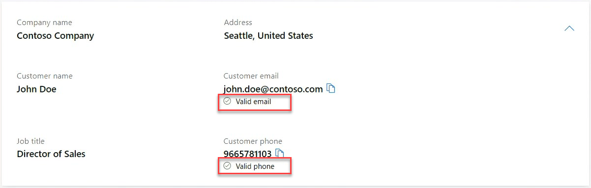 Captura de pantalla que muestra un cliente potencial de oferta de Microsoft Marketplace en el Centro de Partners con indicadores destacados que el número de teléfono y la dirección de correo electrónico son válidos.