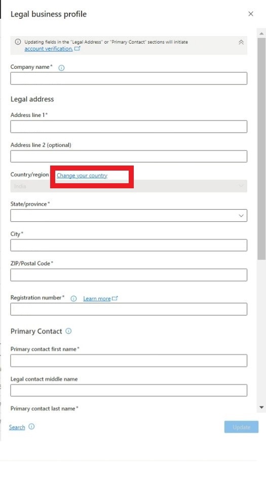 Captura de pantalla de la página Perfil de negocio legal del Centro de partners, que tiene cuadros en los que puede rellenar la dirección y la información de contacto.