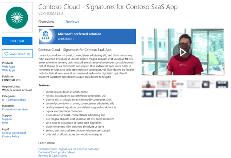 Muestra una página de descripción de la oferta en Microsoft Marketplace.