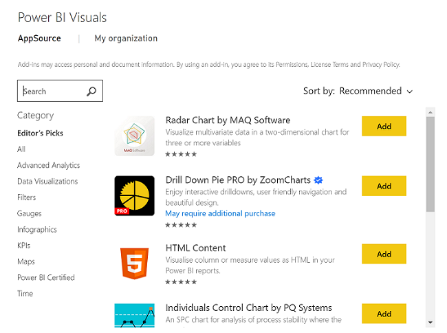 Captura de pantalla que muestra la lista de complementos de Marketplace desde Power BI.
