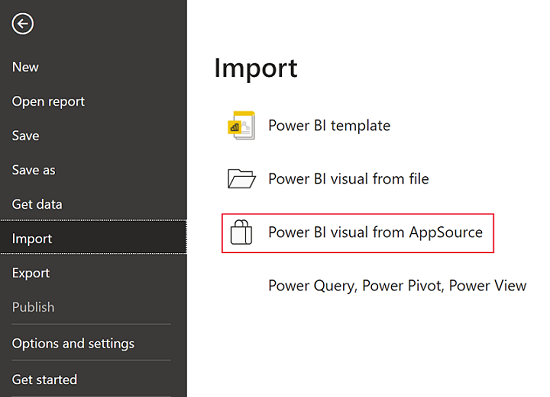 Captura de pantalla que muestra cómo acceder a objetos visuales de Power BI en Microsoft Marketplace desde el menú Archivo de Power BI.
