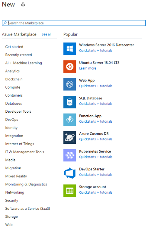 Captura de pantalla que muestra las opciones de búsqueda de Marketplace en Azure Portal.