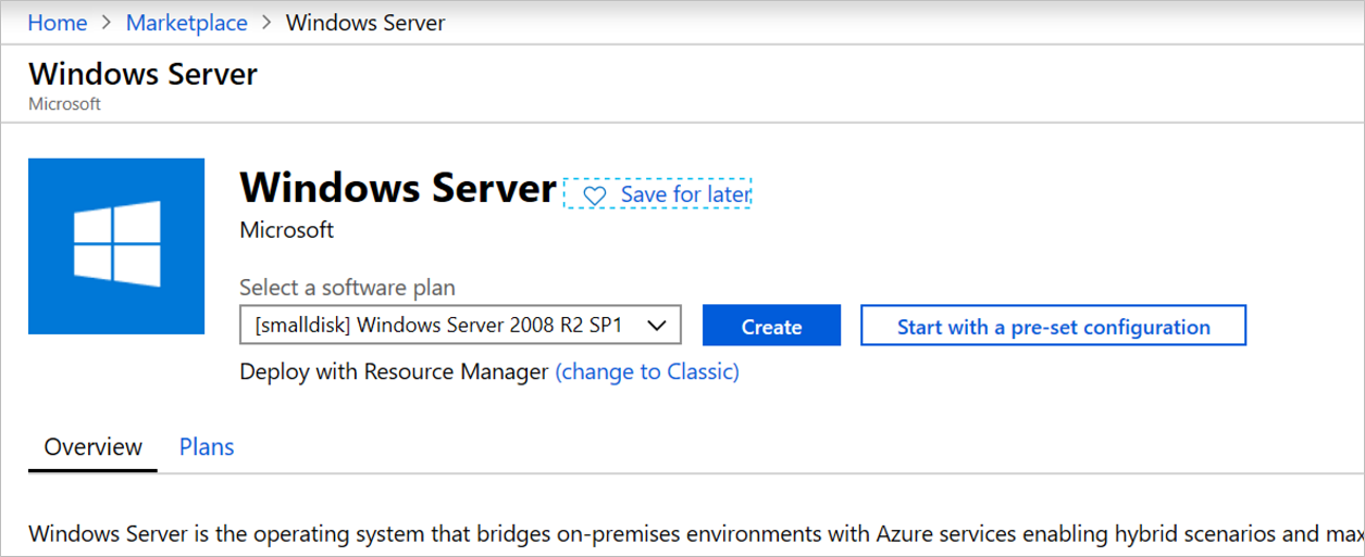 Botón Crear de Windows&nbsp;Server