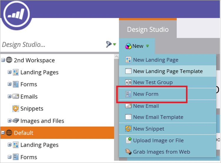 Captura de pantalla en la que se muestra Marketo Design Studio Nuevo formulario.
