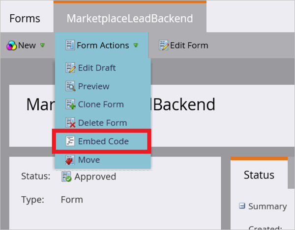 Captura de pantalla que muestra la pantalla Marketo Embed Code (Código de inserción de Marketo).