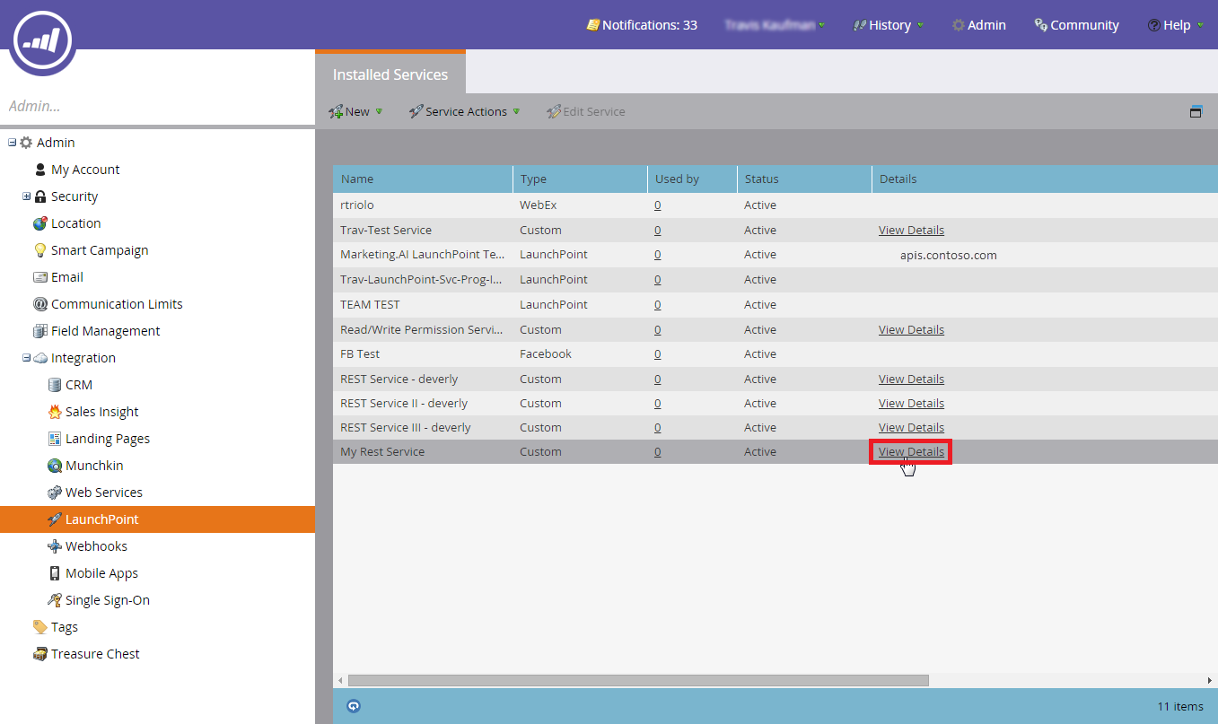 Captura de pantalla en la que se muestran los servicios instalados por el administrador de Marketo.