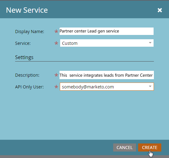 que muestra el nuevo formulario de servicio de la API de Marketo