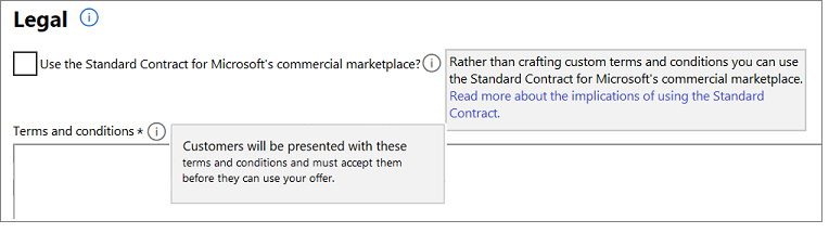 Muestra la casilla Usar el contrato estándar para Microsoft Marketplace.