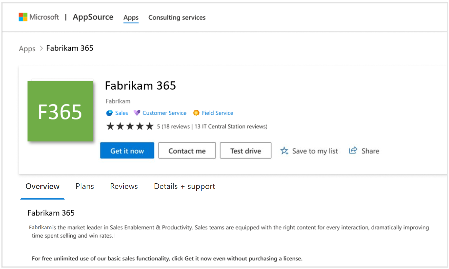 Captura de pantalla de una página de descripción de ofertas en Microsoft Marketplace. Se muestran los botones Obtener ahora y Ponerse en contacto conmigo.