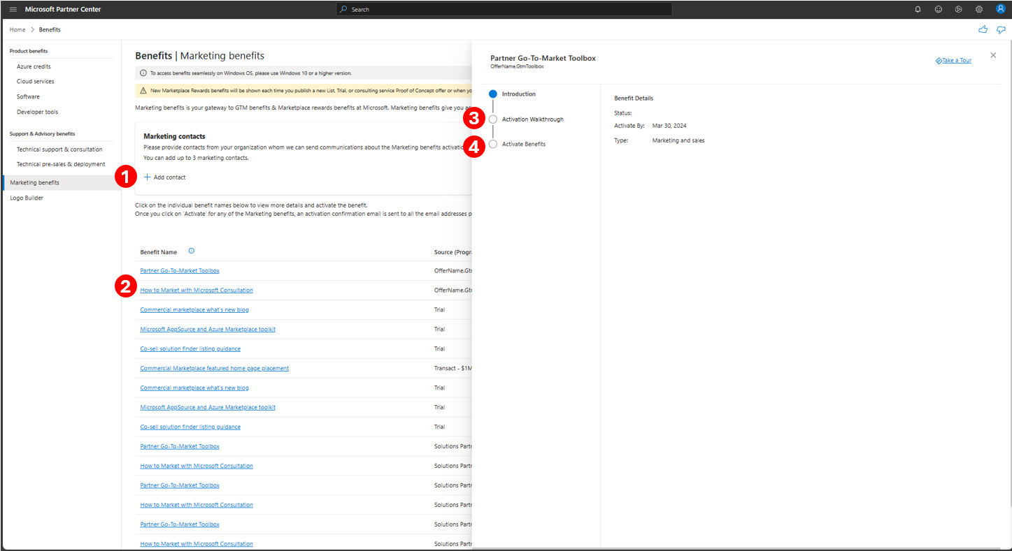 Captura de pantalla que describe los pasos que se deben seguir para canjear los beneficios de marketing en el Partner Center.