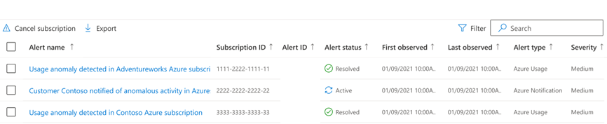 Captura de pantalla que muestra el panel Alertas de seguridad y las opciones para cancelar una suscripción y exportar información.