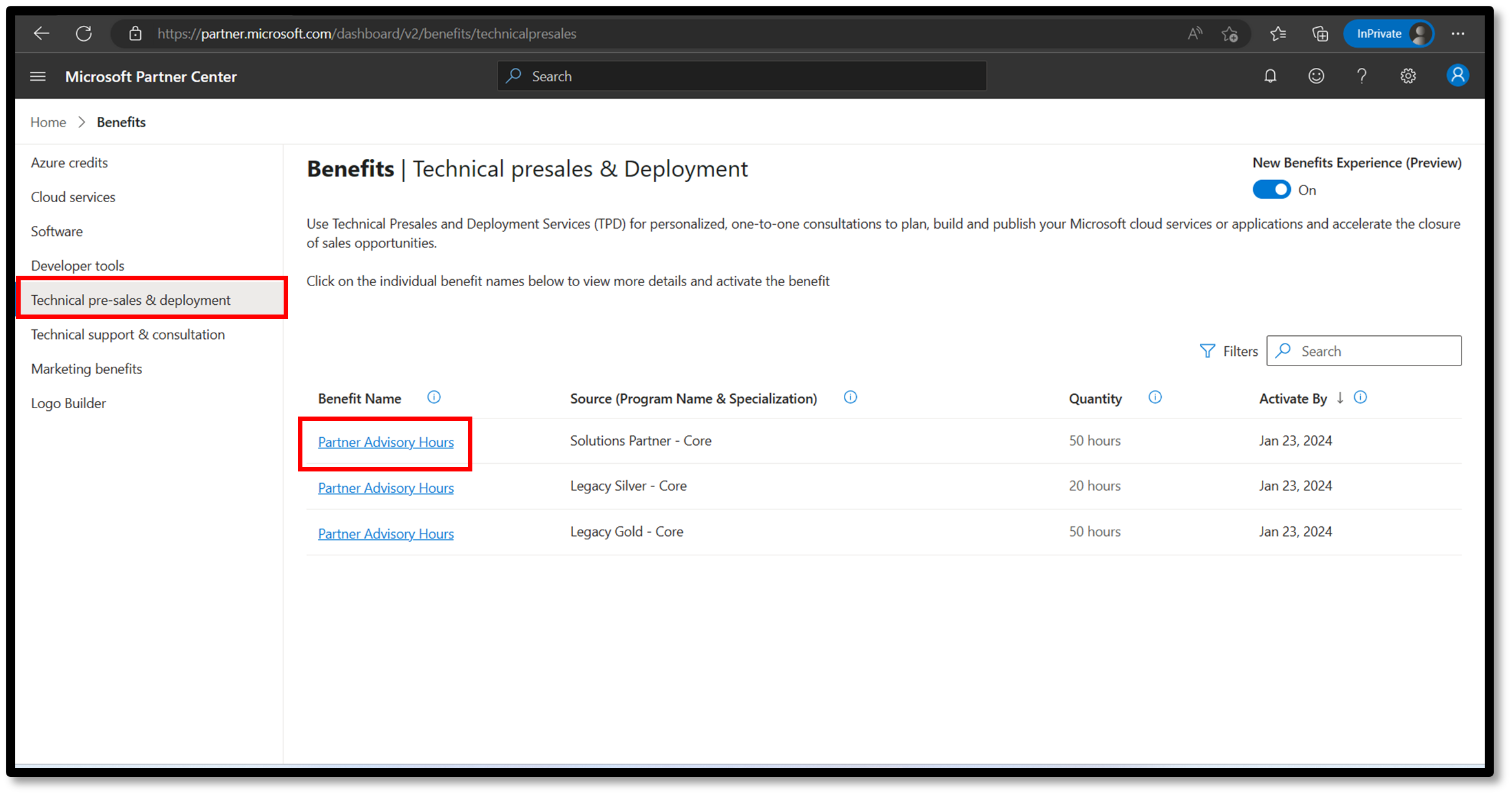 Captura de pantalla que muestra la opción Technical Presales and Deployment benefits partner advisory hours (Horas de asesoramiento para partners de ventajas técnicas de preventas e implementación).