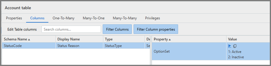 Captura de pantalla del editor de columnas de tabla que muestra la opción Status Reason establecida con los valores 1: Activo y 2: Inactivo.