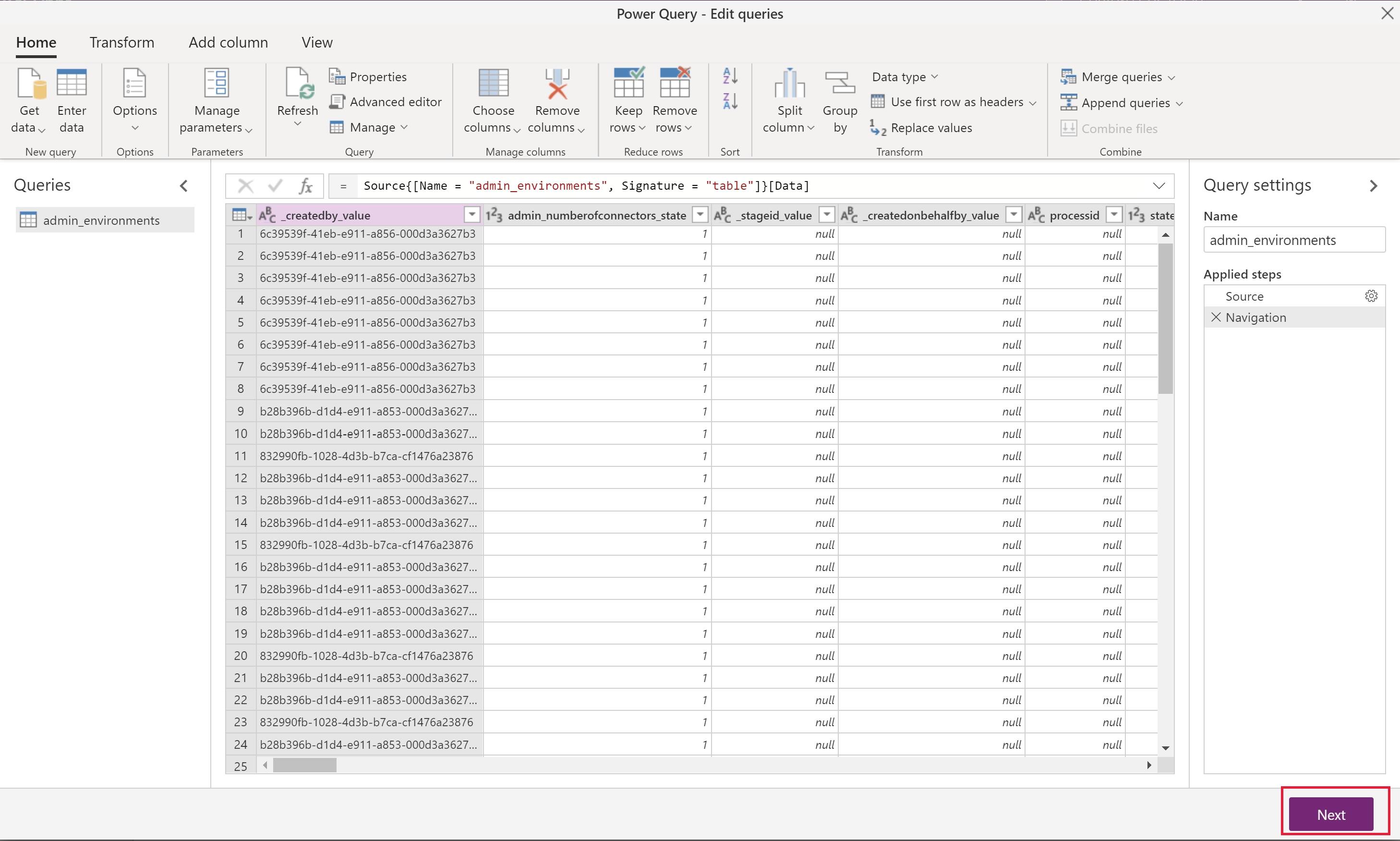 Captura de pantalla del navegador de Power Query que muestra las tablas disponibles desde el entorno de origen.