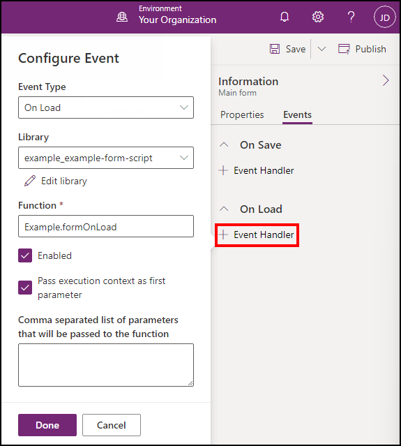 Configurar el controlador de formulario para On Load