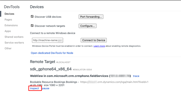 Captura de pantalla de la pantalla de Dispositivos de DevTools de Microsoft Edge en la que se muestran las opciones de depuración remota para dispositivos Android.